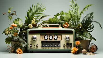 old radio and green plants on grey background - obrazy, fototapety, plakaty