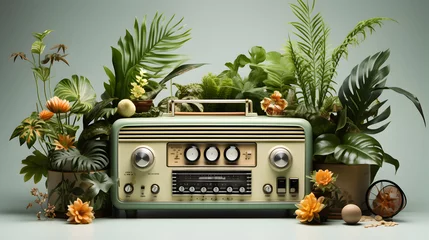 Schilderijen op glas old radio and green plants on grey background © EvhKorn