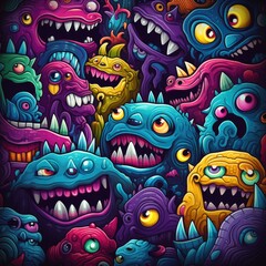 Cartoon doodle pattern with funny bright colored monsters. Colorful vector illustration.
Seamless background, design for fashion clothing, fabrics, textiles, canvas, packaging and all prints.