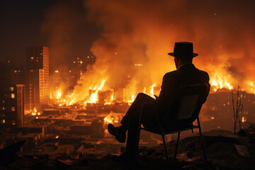 Man in suit and hat sitting in a chair and watching overlooking burning city at night - obrazy, fototapety, plakaty