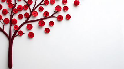 flat lay composition with red buttons in the form of flowers on white wall background