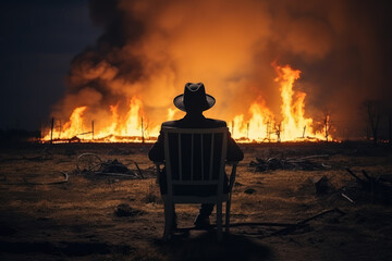 Man in suit and hat sitting watching the house fire burn in distance - obrazy, fototapety, plakaty
