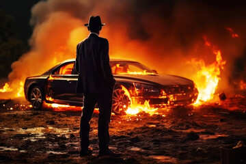 Man standing in front of a burning car at night - obrazy, fototapety, plakaty