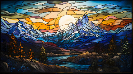 stained glass window with landscape of mountains