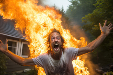 old man crazy arsonist in front of a burning building - obrazy, fototapety, plakaty