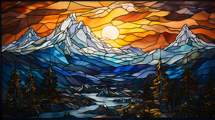 stained glass window with mountain landscape