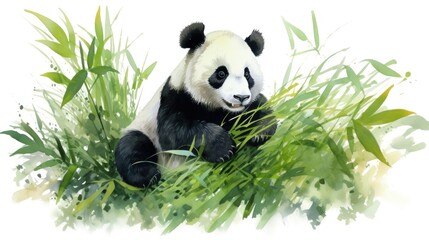 watercolor Giant panda eat bamboo, isolated on white background