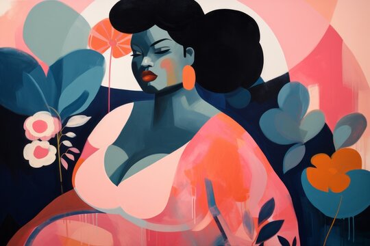 A beautiful black woman of plus size, fierce and proud, in a beautiful dress, colorful illustration