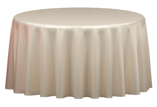 Beige  Round Table with Tablecloth. Meeting room table clothes, Beige silk table clothes. 3D vector illustration.