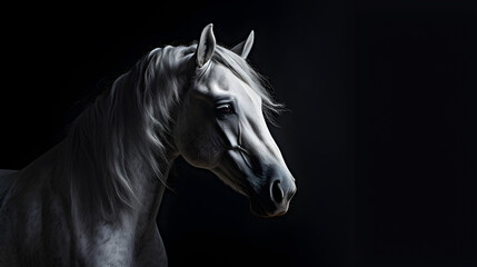 portrait of a white horse on a black background. 