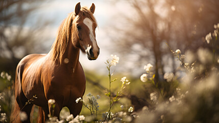 horse on a background of green flowers