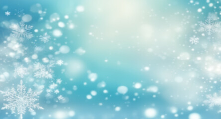 Naklejka na ściany i meble Blue blurred Christmas background with bokeh and white snowflakes