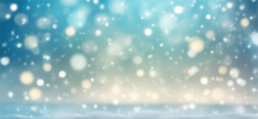 Blue blurred Christmas background with bokeh and white snowflakes