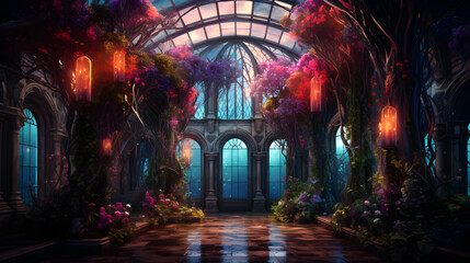 beautiful magic interior with flowers and windows