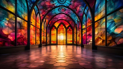 Fotobehang colorful stained glass windows of cathedral in the evening © EvhKorn