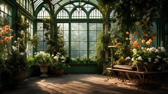 beautiful orangery with many flowers