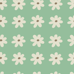 Vector illustration. Seamless pattern with white cartoon flowers on a green background.