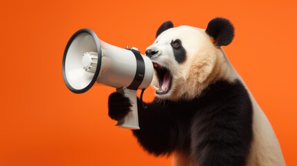 Giant Panda hold white loudspeaker and screaming. Advertising and sales concept - obrazy, fototapety, plakaty