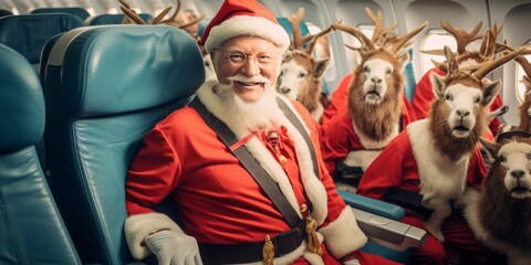 Fototapeta na wymiar Santa Claus Enjoys a Grin with His Reindeer Companions, Aboard a Vacation-Ready Airline Stewardess's Plane, Amid the Winter and Christmas Holidays, Exploring Long-Distance Travel Adventures