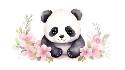 Obraz premium watercolor little baby panda with tender flowers around
