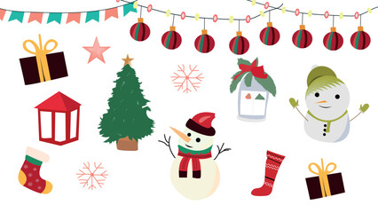 Set of cute cartoon Christmas and New Year elements with Christmas tree, garlands, wreath, holly, snowman, lantern, stocking, sweater, star, gifts, candy, lights