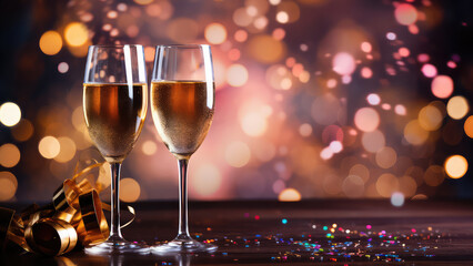 Two glasses of champagne New Year eve celebration festive backgroung copy space - obrazy, fototapety, plakaty