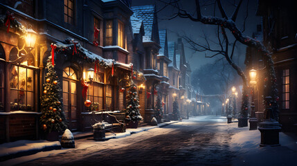 Fototapeta na wymiar christmas night street with lanterns and snow