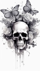 Human skull in smoke with roses and butterflies black and white watercolor illustration, Day of the Dead, Elegant tattoo design. Digital illustration for printing t-shirts, prints, posters, cards