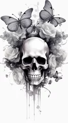 Foto op Plexiglas Aquarel doodshoofd Human skull in smoke with roses and butterflies black and white watercolor illustration, Day of the Dead, Elegant tattoo design. Digital illustration for printing t-shirts, prints, posters, cards