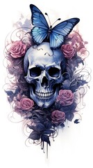 Blue human skull decorated with flowers roses and butterfly for Day of the Dead in Mexico Elegant tattoo design. Digital illustration for printing t-shirts, prints, posters, cards, stickers