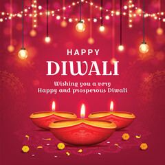 happy diwali festival wishes square banner with diya lamp and light bokeh background - obrazy, fototapety, plakaty