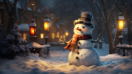 happy snowman on winter background.  - obrazy, fototapety, plakaty