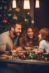 Obraz na płótnie Canvas Happy family eating festive Christmas dinner with kids at home. Generative AI
