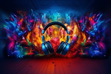 Vibrant audio backdrop with oversized headphones. Generative AI - obrazy, fototapety, plakaty