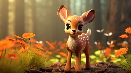 Cute scene of a baby deer in nature, illustration in 3d cartoon style. Created with Generative Ai technology.