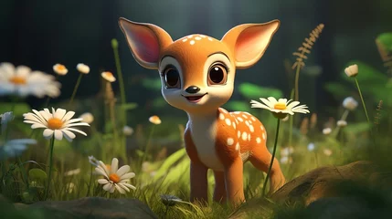 Gordijnen Cute scene of a baby deer in nature, illustration in 3d cartoon style. Created with Generative Ai technology. © Viktor