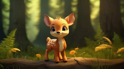 Wandaufkleber Cute scene of a baby deer in nature, illustration in 3d cartoon style. Created with Generative Ai technology. © Viktor