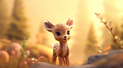 Foto op Canvas Cute scene of a baby deer in nature, illustration in 3d cartoon style. Created with Generative Ai technology. © Viktor