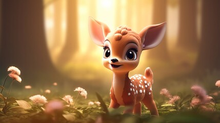 Cute scene of a baby deer in nature, illustration in 3d cartoon style. Created with Generative Ai technology.