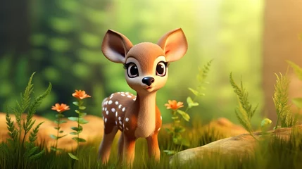 Foto op Plexiglas Cute scene of a baby deer in nature, illustration in 3d cartoon style. Created with Generative Ai technology. © Viktor