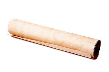 Scroll of vintage paper isolated on white.