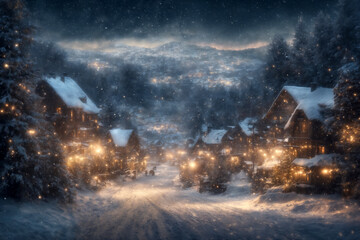 city street, houses are decorated with lights and Christmas trees in winter, New Year holiday,...