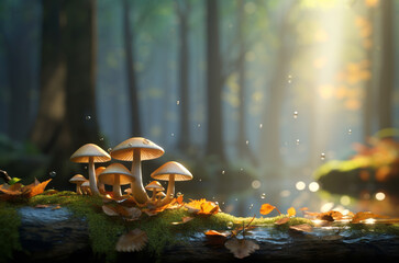 Autumn seasonal background, little mushrooms growing on a tree trunk in wet moss and fallen leaves, on forest floor under rain drops and autumnal sun - Fall season magical ambience - Powered by Adobe
