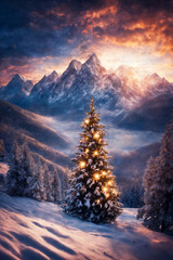 Christmas tree in a winter forest, decorated with garlands and lights, snow covered mountains, beautiful nature at sunset - obrazy, fototapety, plakaty