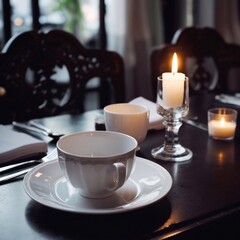 Obraz na płótnie Canvas Dinner at a fancy restaurant. Elegant table setting. Cup of coffee. Luxury travel concept. Generative ai.