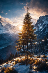 Christmas tree in a winter forest, decorated with garlands and lights, snow covered mountains, beautiful nature at sunset