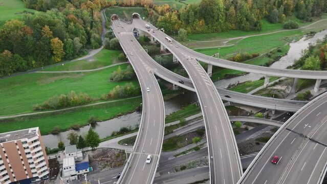 evening time zurich city district traffic street road interchange aerial topdown panorama 4k switzerland