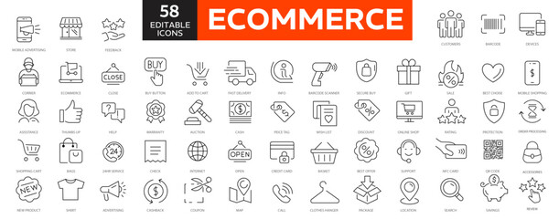 E-commerce, online shopping and delivery elements - minimal thin line web icon set. Outline icons collection. Simple vector illustration. editabale stroke icons - obrazy, fototapety, plakaty