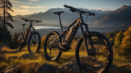Surrounded by the beauty of the mountains, three friends on electric bikes set off on an exciting journey through the breathtaking scenery. - obrazy, fototapety, plakaty
