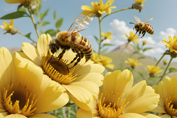 Naklejka premium Beautiful colorful summer spring natural flower background. Flying honey bee collecting pollen at yellow flower